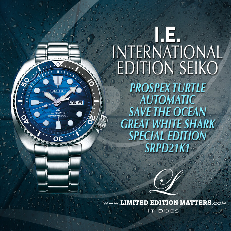 SEIKO INTERNATIONAL EDITION PROSPEX TURTLE AUTOMATIC SAVE THE OCEAN GREAT  WHITE SHARK SPECIAL EDITION SRPD21K1 - Limited Edition Matters